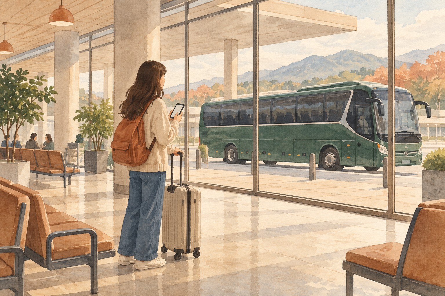 Watercolor illustration of a traveler with a suitcase and phone inside a bus terminal