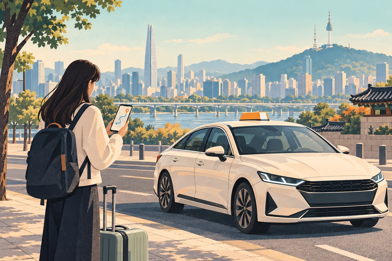 Editorial illustration of a traveler checking a route on a phone beside a taxi in Seoul