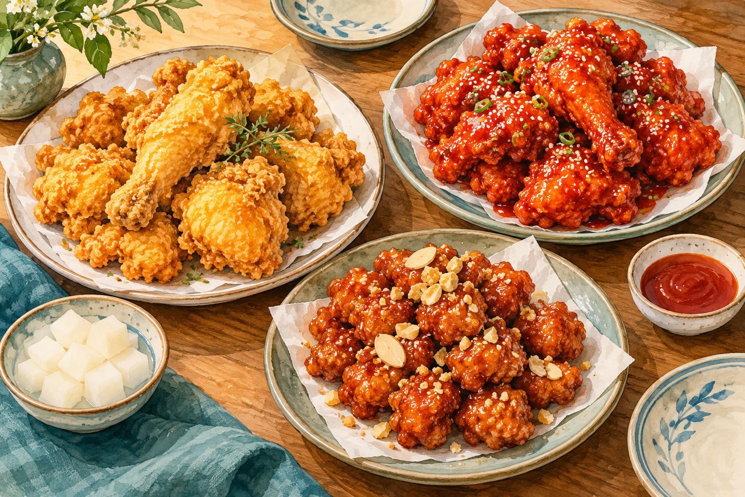 Watercolor illustration of plain Korean fried chicken, red yangnyeom chicken and bite-size dakgangjeong on three separate plates