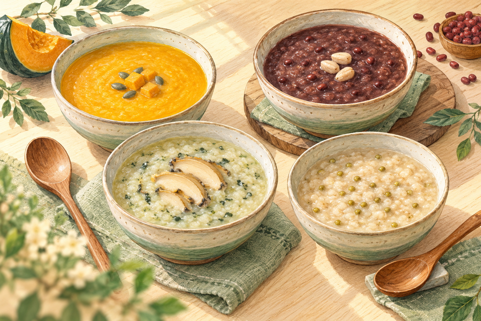Watercolor illustration of pumpkin, red bean, abalone and mung bean porridge in four ceramic bowls