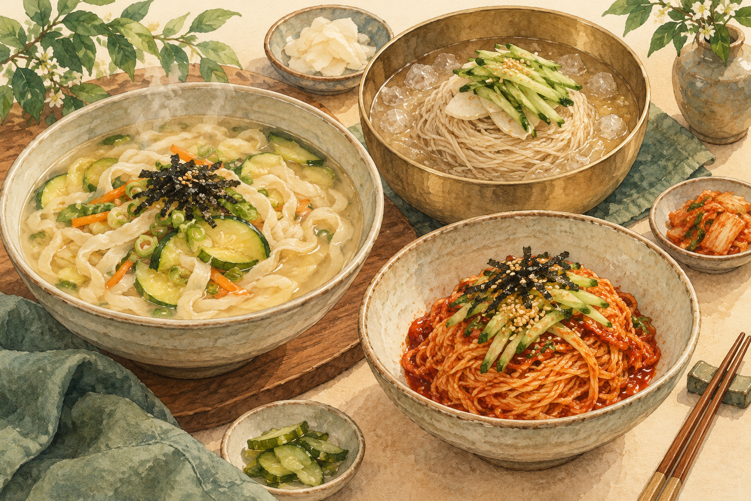 Watercolor illustration of hot noodle soup, cold broth noodles and red chili-dressed noodles