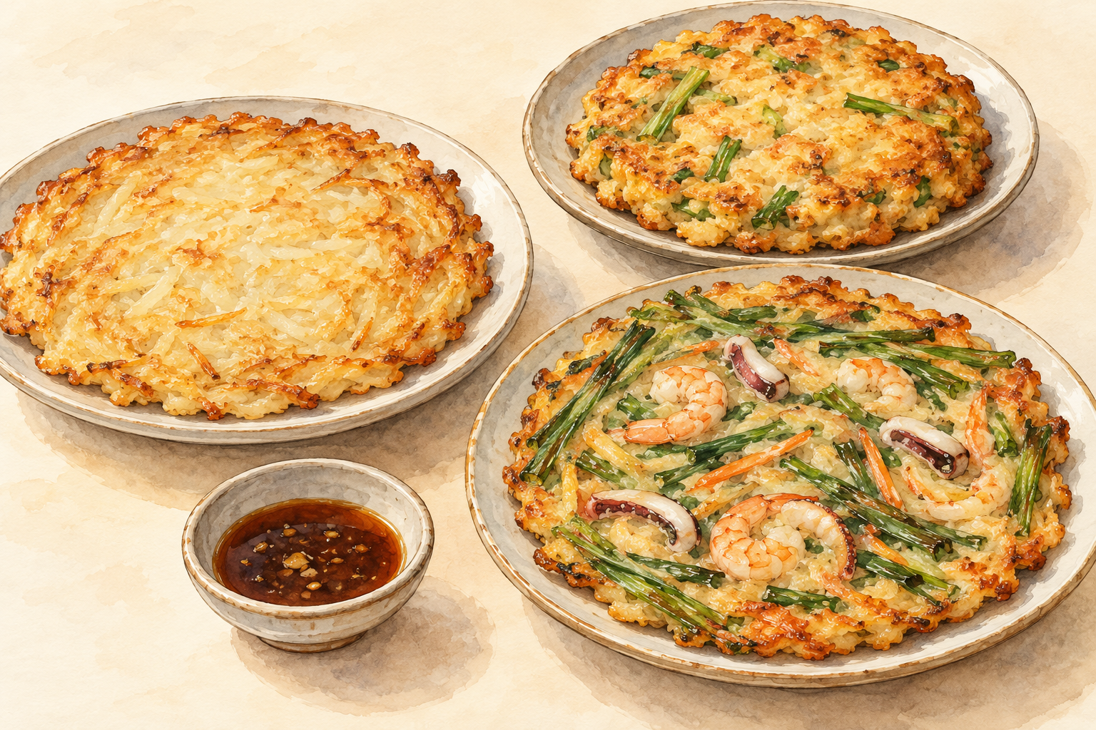 Watercolor illustration of potato, mung bean and seafood scallion pancakes on three ceramic plates with a separate dipping sauce