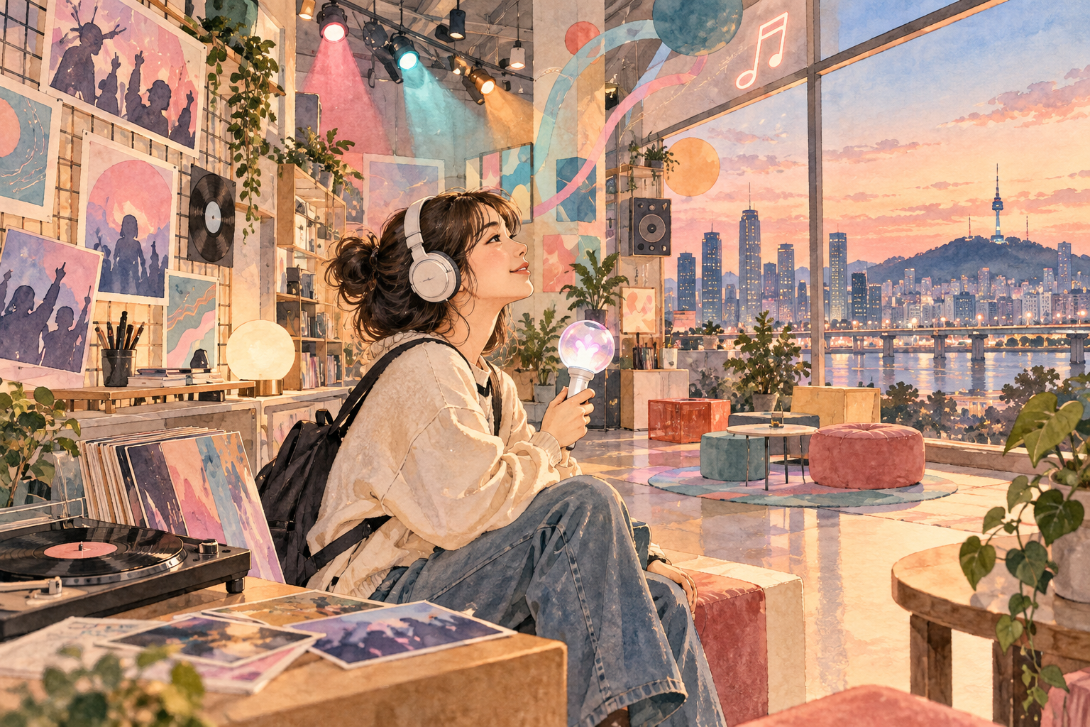 Watercolor editorial illustration of a K-pop fan overlooking an imagined Seoul skyline and Han River at sunset